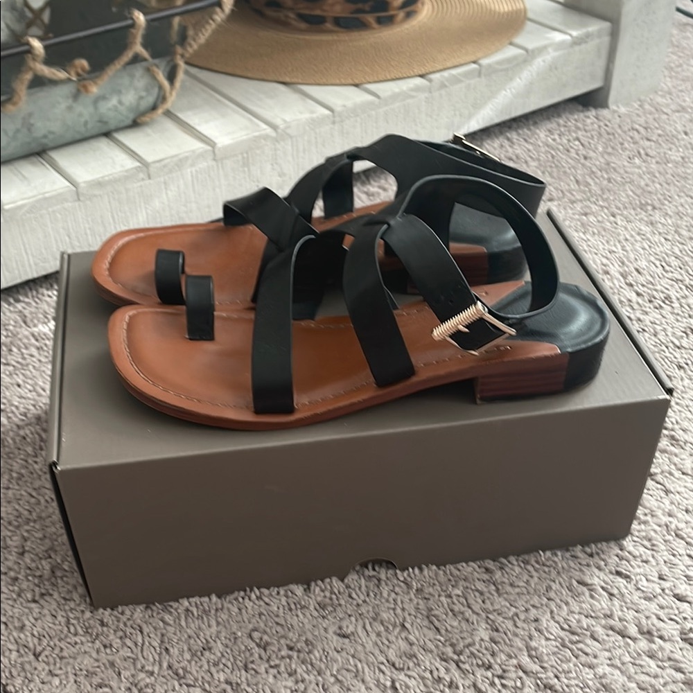 Franco Sarto Black and Brown Sandals with Multi-Strap Design